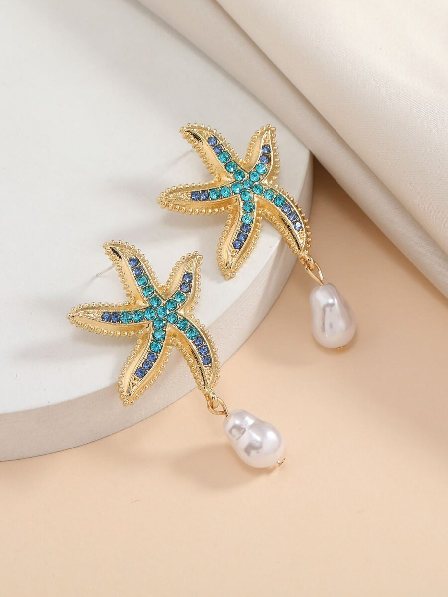 Rhinestone Starfish Decor Faux Pearl Drop Earrings | SHEIN