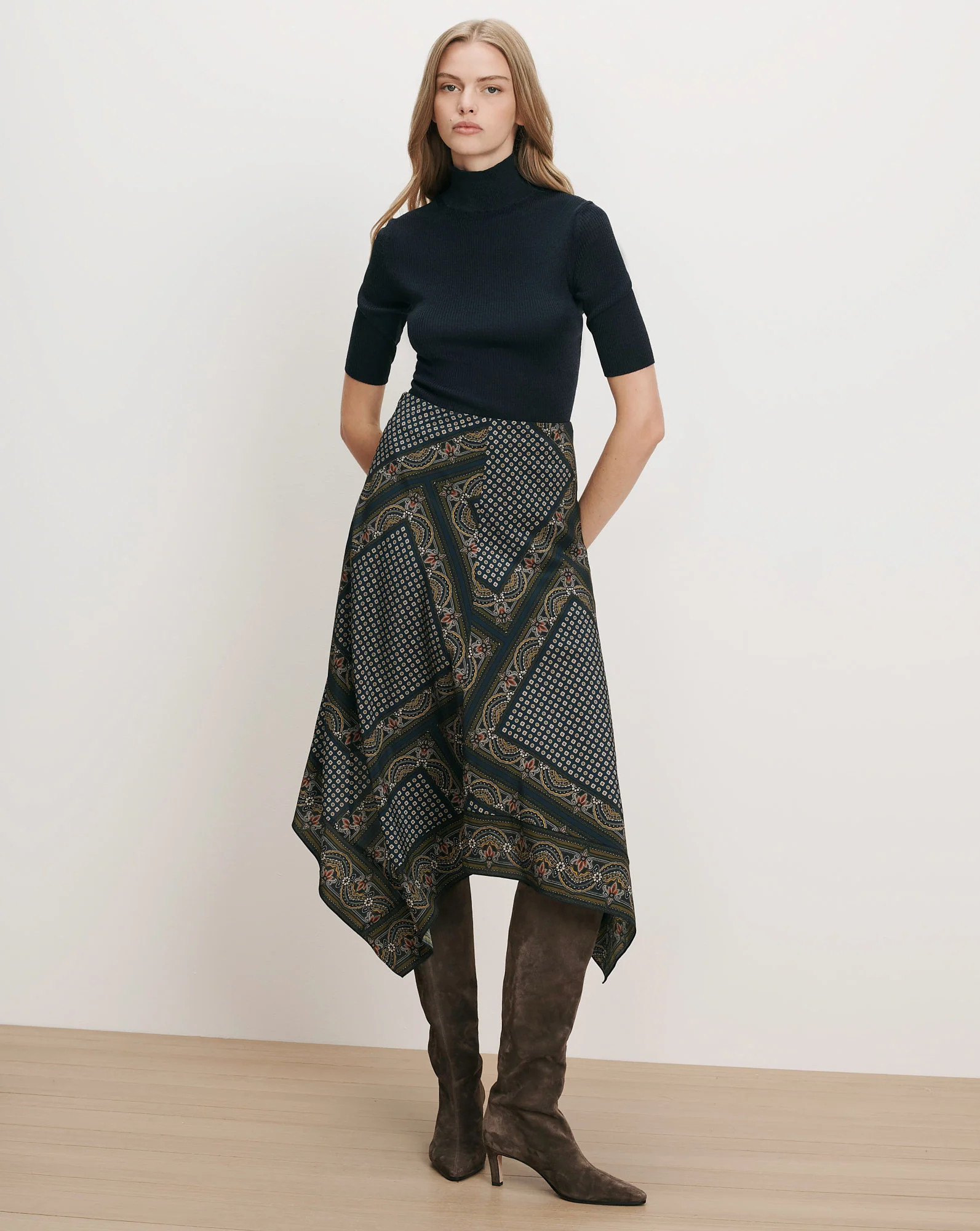 Hartley Asymmetric Midi Skirt in Heritage Navy Multi | Veronica Beard | Veronica Beard