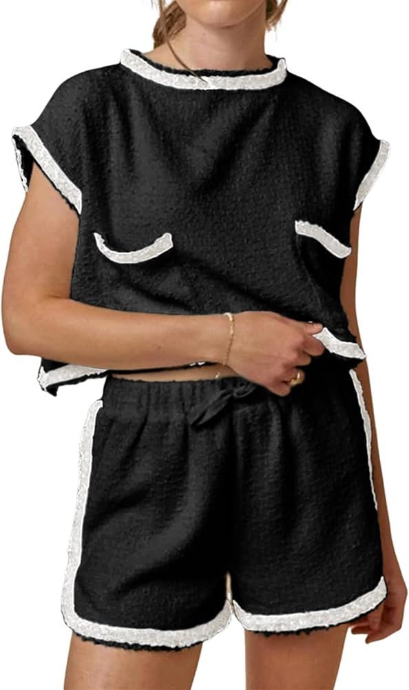 Aedceal Women's Summer Tweed Sets Pullover Tops Vest High Waist Shorts Color Block Trim 2 Piece O... | Amazon (US)