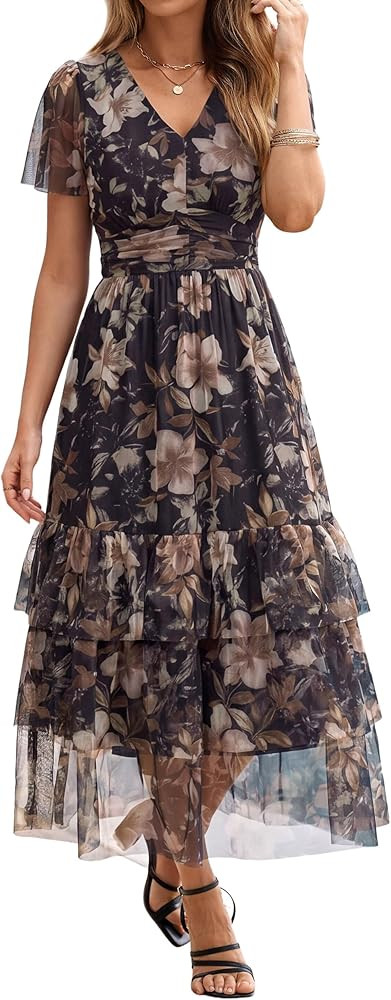 BerryGo Womens Floral Maxi Dress V Neck Short Sleeve Boho Flowy Tiered Ruffle Mesh Wedding Guest ... | Amazon (US)