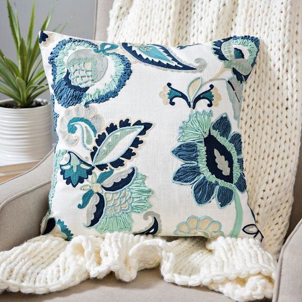 Blue Clara Embroidered Floral Pillow | Kirklands | Kirkland's Home