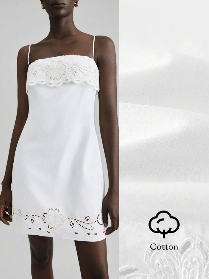 Ontre 2025 Autumn/Winter Women's Clothing, Autumn/Winter Women's Wear, Back To School, Halloween, Christmas, Business Casual, Retro, Elegant, Versatile, Basic Apparel, Nashville Apparel, Solid Color, Hollow Out, Embroidery, Spaghetti Strap Mini Dress, Elegant Party Dress, Graduation, Wedding Guest Dress, Social Event, Memorial Day, Prom Dress, Versatile, Daily Commute | SHEIN