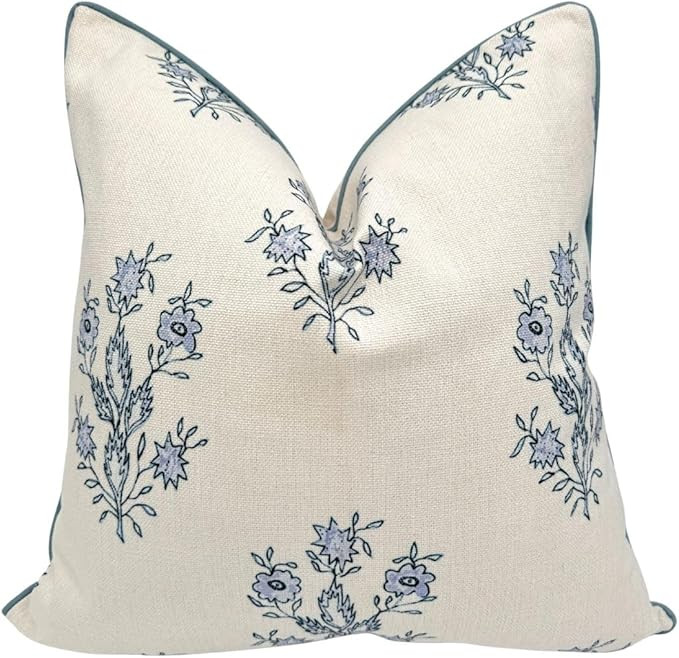 “The Mary” Periwinkle Floral Block Print Pillow Cover – Blue and Off-White Decorative Throw... | Amazon (US)