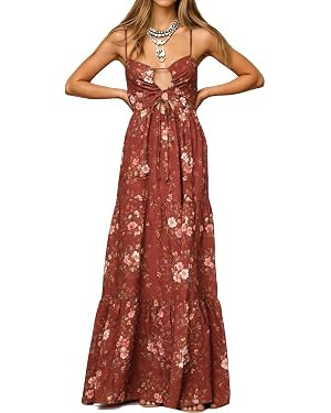 Womens Summer Floral Spaghetti Strap Backless Low Cut Smocked Milkmaid Flowy Beach Sundresses | Amazon (US)