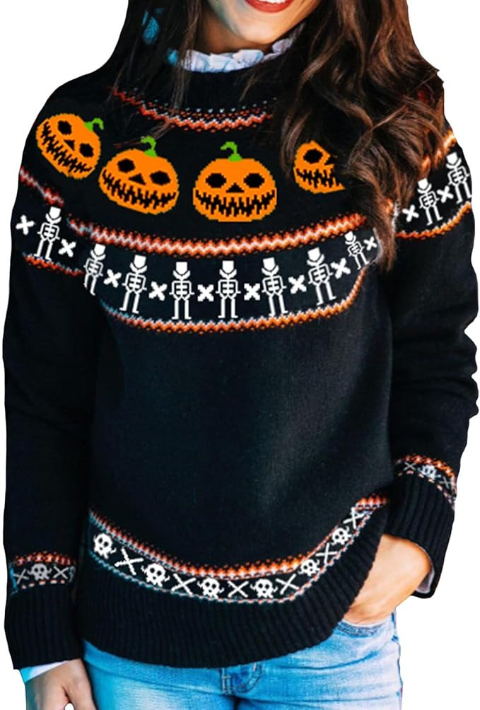 YEMOCILE Halloween Knitted Sweater for Women with Cute Ghost Pattern Gothic Streetwear with Long ... | Amazon (US)