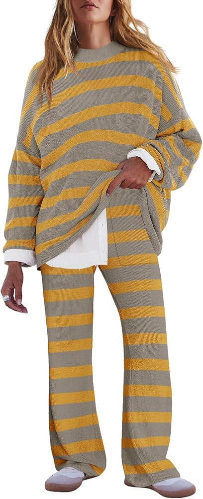 LAMISSCHE Oversized Womens Lounge Set Striped Sweater Set Long Sleeve 2 Piece Pajama Set Top and ... | Amazon (US)
