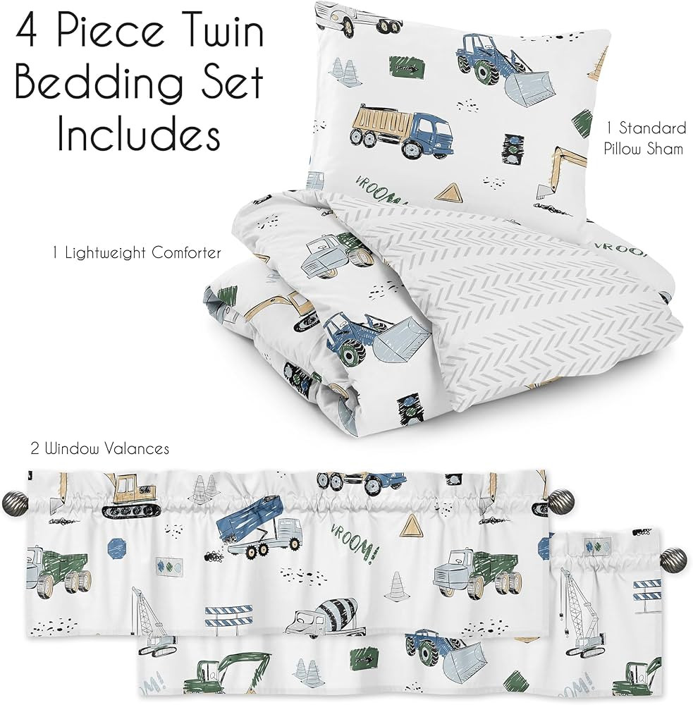 Sweet Jojo Designs Construction Truck Boy Twin Bedding Comforter Set Kids Childrens Size - 4 Piec... | Amazon (US)