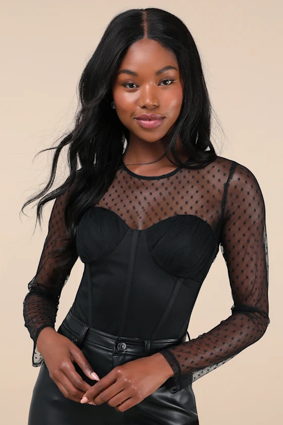 Luxe Agenda Black Sheer Mesh Polka Dot Pleated Bustier Bodysuit | Lulus