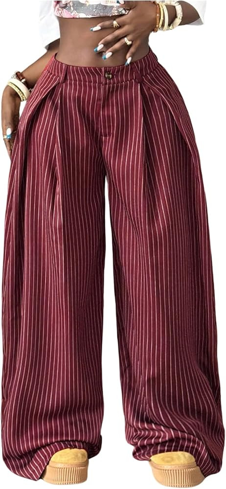 GORGLITTER Women's Baggy Barrel Pant Low Rise Pleated Cargo Oversized Wide Leg Business Dress Cas... | Amazon (US)