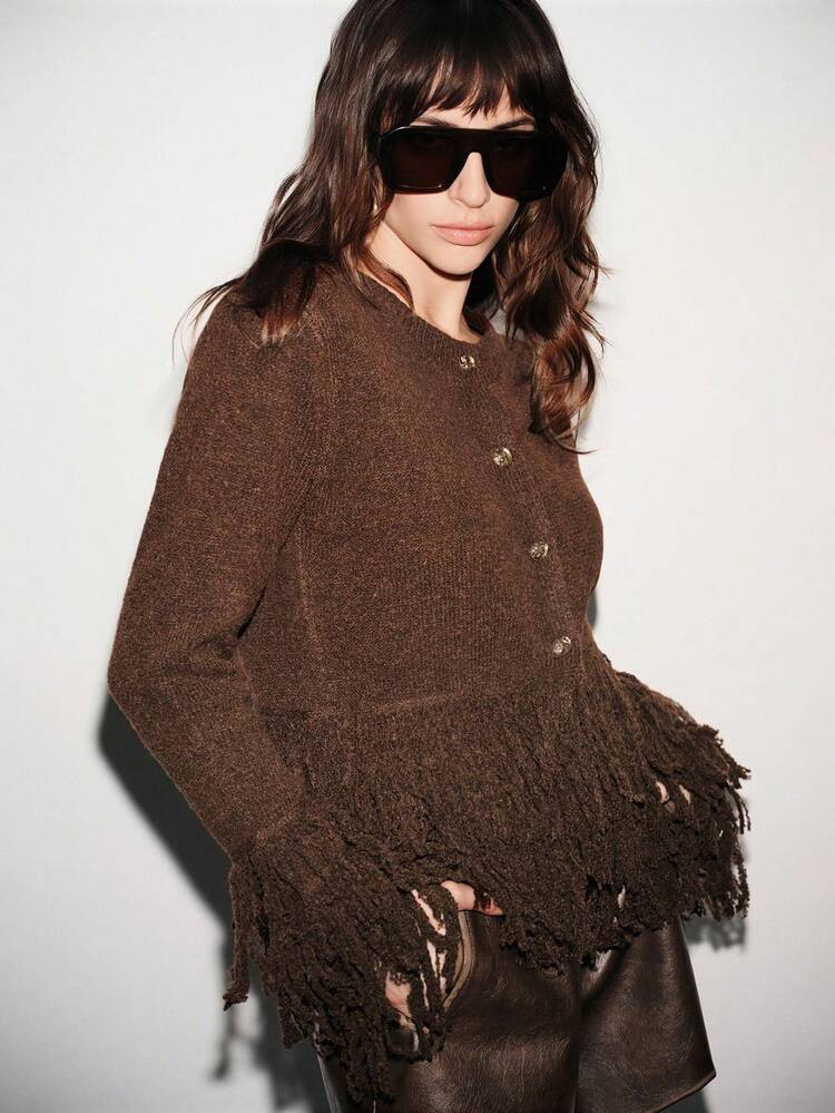 Lumivelle Women's Casual Round Neck Metal Buckle Fringe Long Sleeve Cardigan Sweater Brown Cardig... | SHEIN