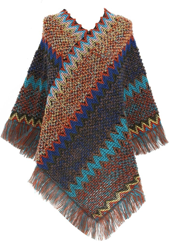 SherryDC Women's Zig-Zag Knit Tassel Fringed Pullover Poncho Sweater Cape Shawl Wrap | Amazon (US)