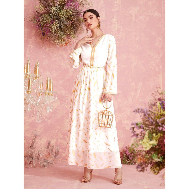 Women's Embroidery Taped Feather Print Dress Without Belt 2022 White Elegant A046W | Walmart (US)