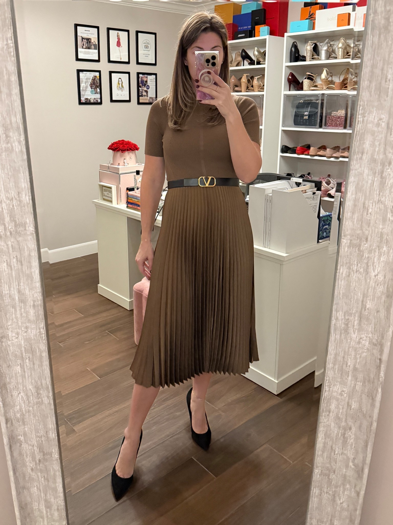 This Boss dress will have you feeling like a boss whether it’s for work or a special event. This color has sold out but is available in a few other colors + variations. NOTE: A pleated bottom is flattering on ALL body types!

STYLE TIP: with mixed media dresses add a belt over the seam/waistline to create the look of separates. A reversible belt will give you more options and try to stick to neutrals for maximum versatility! (Mine is tan on the other side)

#LTKTall #LTKSaleAlert #LTKOver40