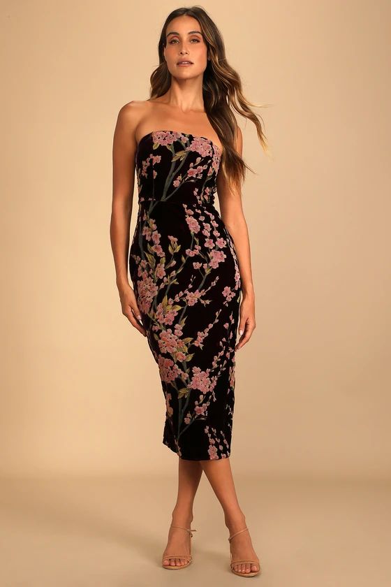 Buy You Flowers Plum Floral Print Velvet Strapless Midi Dress | Lulus (US)