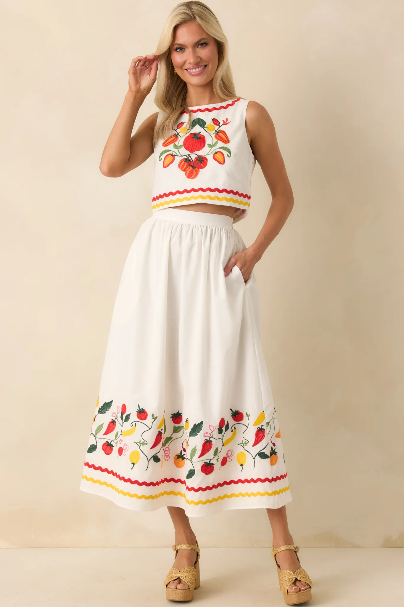 Prosperina Virginia Tomato Embroidered Ivory Cotton Midi Skirt | Red Dress
