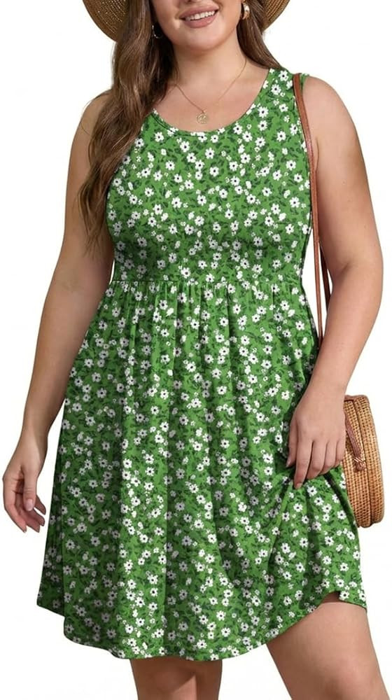 OLRIK Womens 2026 Plus Size Sundress A-Line Summer Sleeveless Knee Length Empire Waist T-Shirt Dr... | Amazon (US)