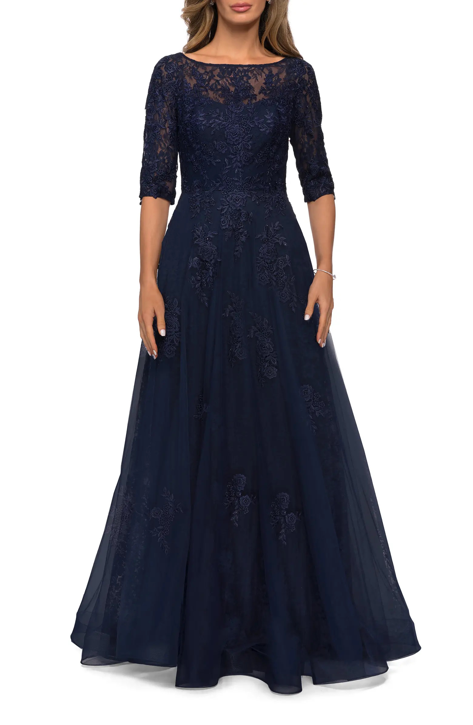Lace and Tulle A-line Gown with Three Quarter Sleeves | Nordstrom