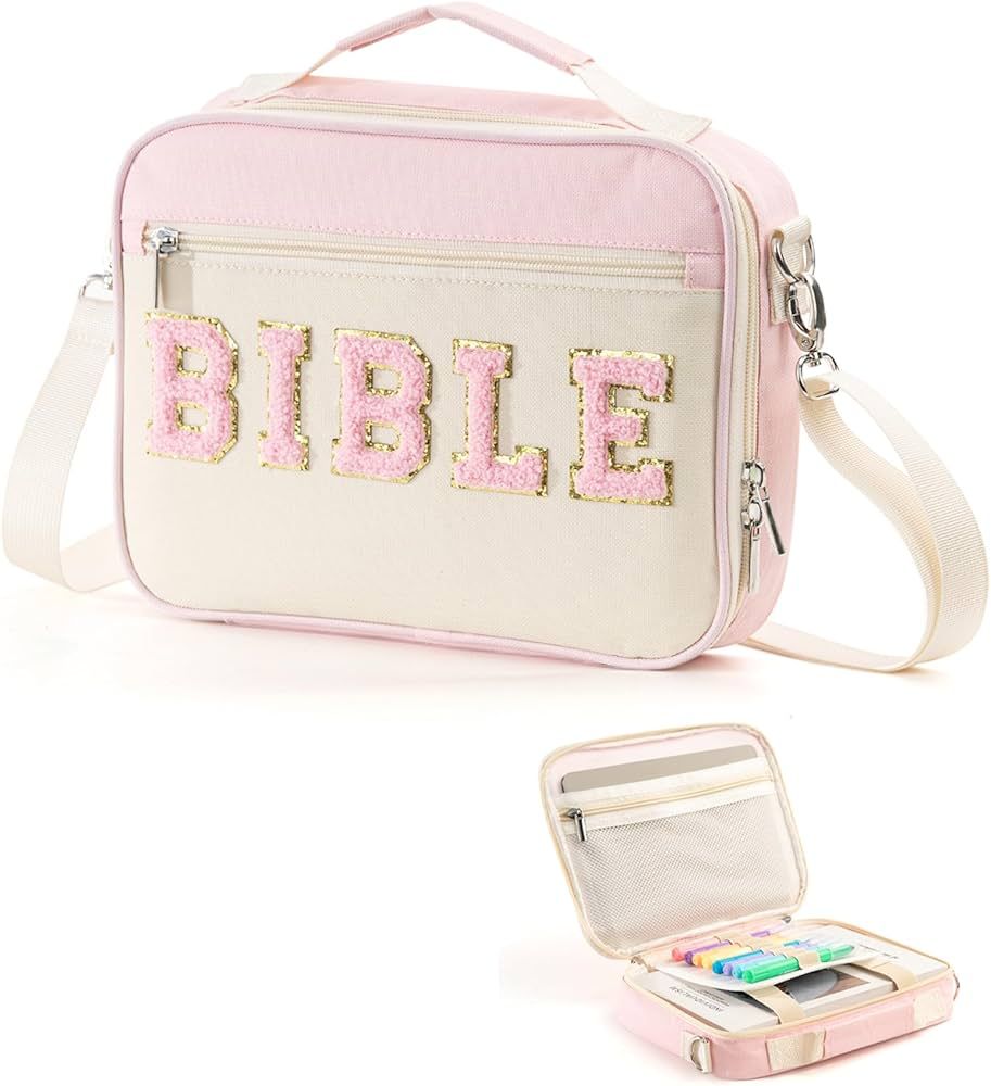 Bible Cover Case for Women, Large Chenille Letter Bible Bag with Shoulder Strap,Pink Bible Carryi... | Amazon (US)