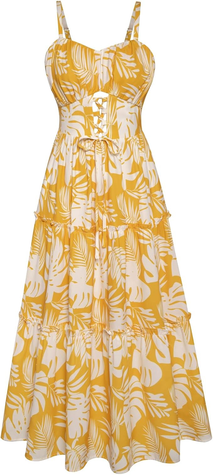 GRACE KARIN Women's Summer Floral Dress 2026 Boho Spaghetti Strap Smocked Tiered Casual Maxi Long... | Amazon (US)