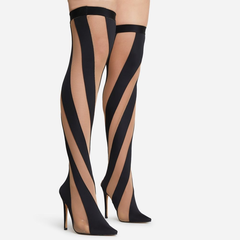 Lilth Wrapped Panel Detail Pointed Toe Stiletto Heel Over The Knee Thigh High Sock Boot In Black ... | EGO Shoes (US & Canada)