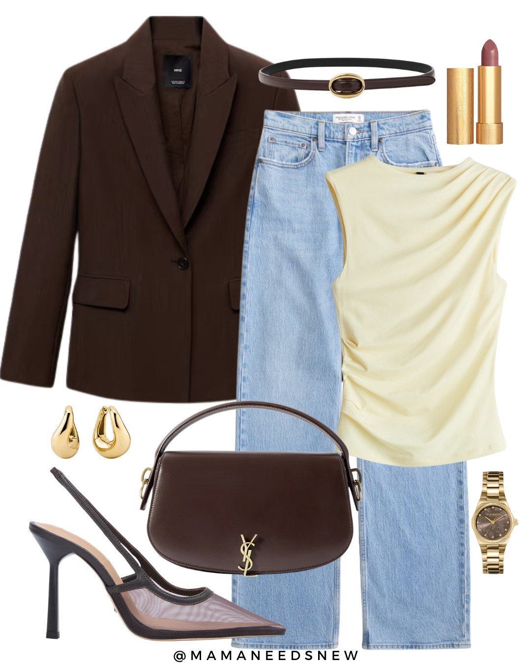 A spring date night / dinner outfit with a brown blazer, drapey butter yellow top, jeans, top handle bag & mesh slingback heels 💛

#LTKSpringSale #LTKStyleTip #LTKSaleAlert