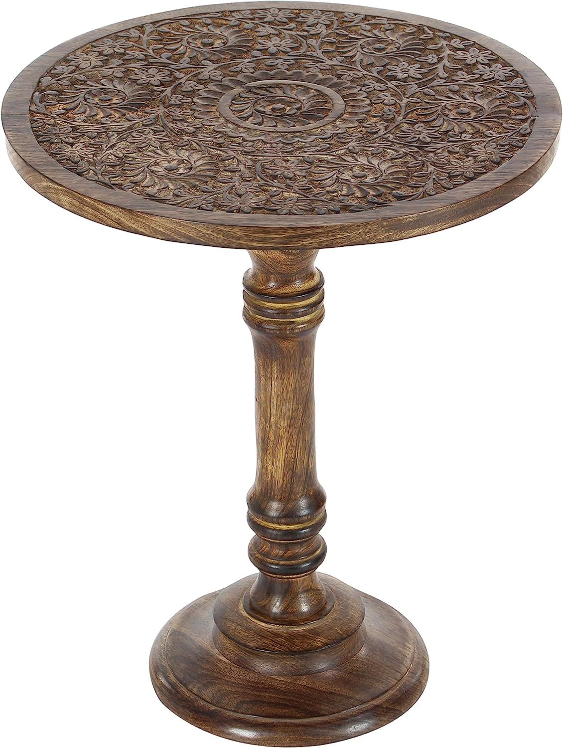 Deco 79 Mango Wood Carved Floral Accent Table, 17" x 17" x 21", Dark Brown | Amazon (US)
