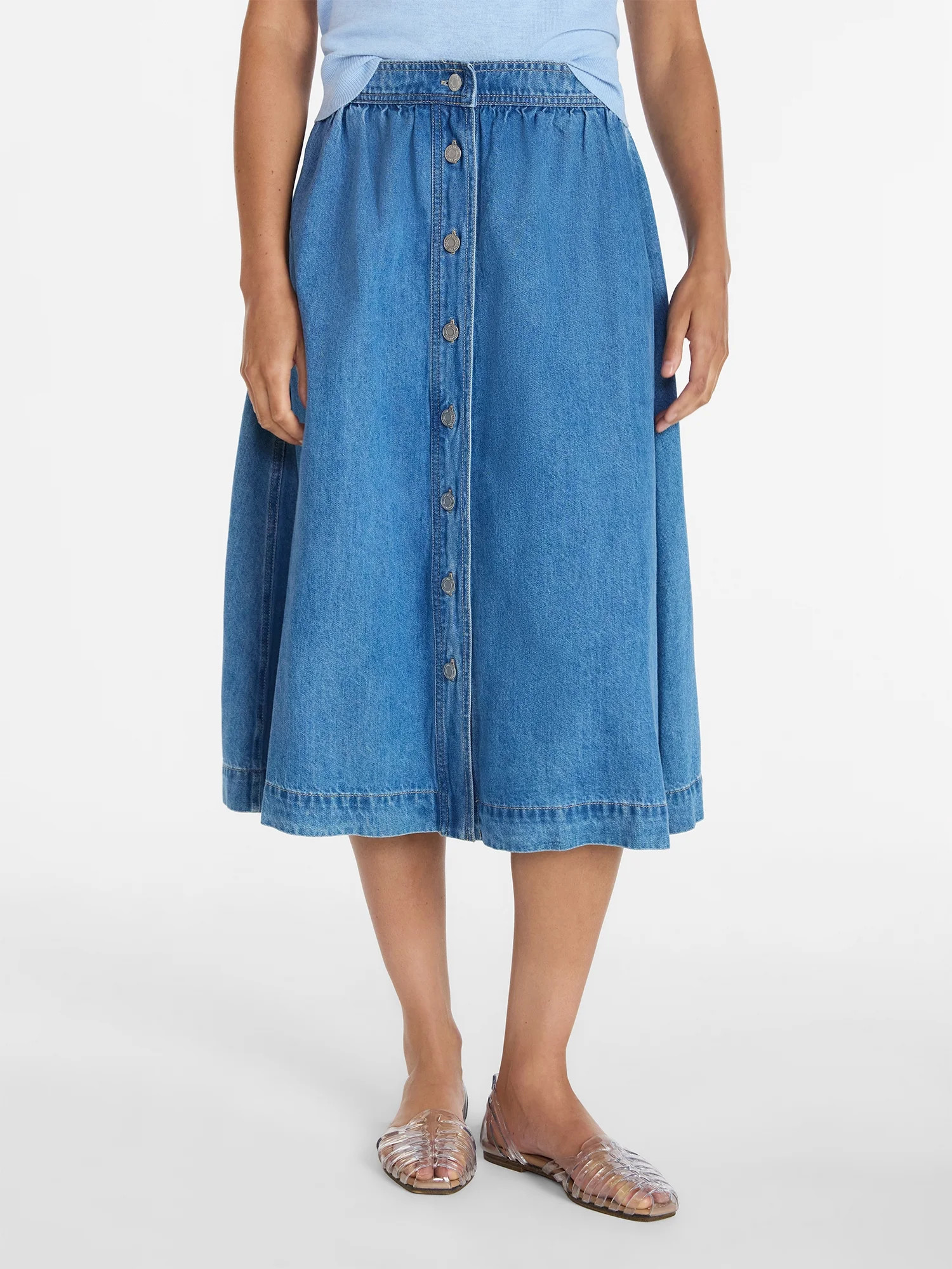 Time and Tru Women's Button Front Denim Midi Skirt, Sizes XS-XXXL - Walmart.com | Walmart (US)