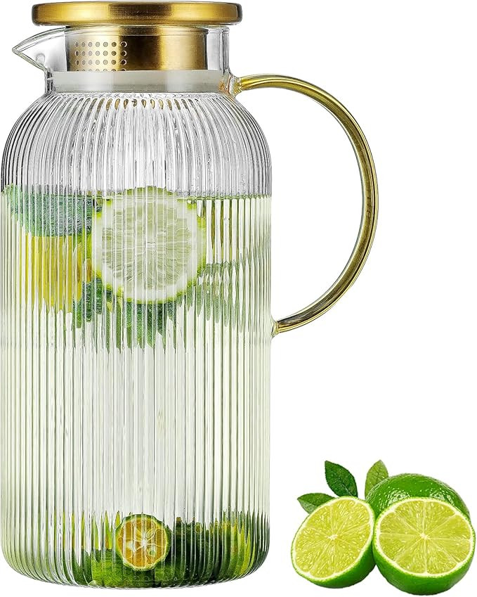 Glass Pitcher with Lid, 68 oz/2 Liter Classic Vertical Stripes Water Pitcher,Glass Water Carafe f... | Amazon (US)