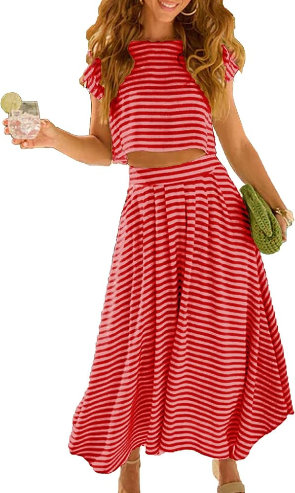 Zontroldy Women's Summer 2 Piece Outfits Striped Skirt Sets Cap Sleeve Crop Top Midi Dress Matchi... | Amazon (US)
