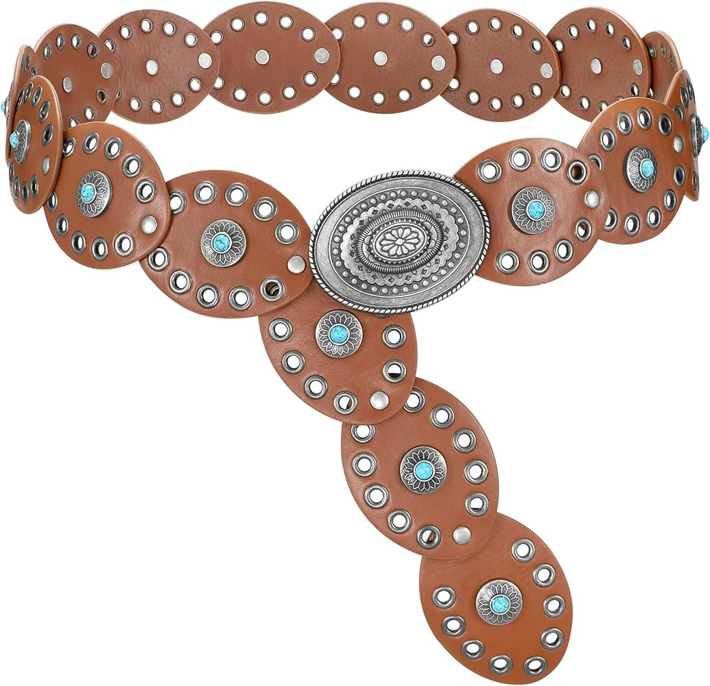 WERFORU Women Western Belts Wide Disc Belt with Turquoise for Dress Cowgirl Country Belt Boho Con... | Amazon (US)