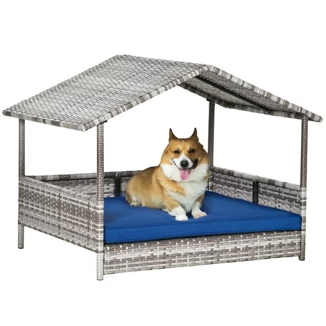 PawHut Wicker Dog House Elevated Raised Rattan Bed for Indoor/Outdoor with Removable Cushion Loun... | Walmart (US)