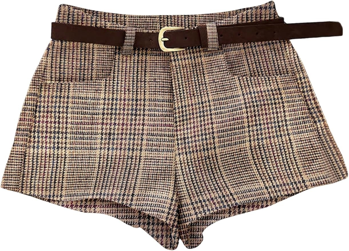 MakeMeChic Women's Plaid Dressy Shorts Houndstooth Mini Shorts with Belt | Amazon (US)