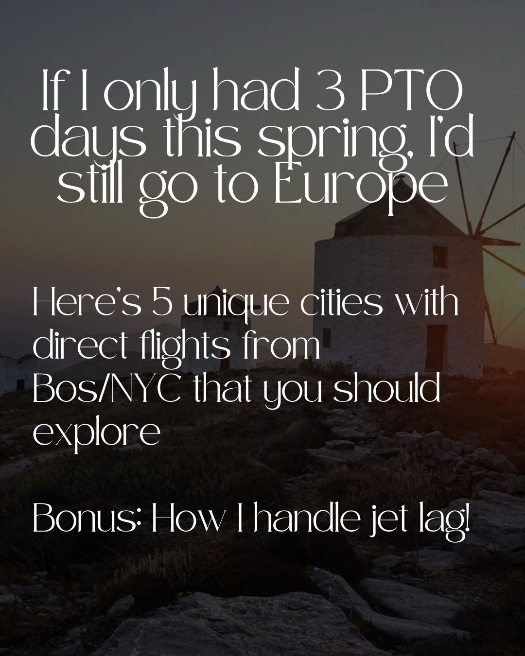 ✨hey y’all - Let me influence you that you can have an incredible European vacation in just 3 PTO days (or less!) ✈️

✨ Check out my other carousels for other spots (5-6 hour flights) but these are a little further (what’s one more hour for the south of France!) 🇫🇷 so let’s start! 

Here are 5 direct flights from BOS/NYC I’d actually book this spring:

☀️ Athens, Greece 
Sun and acropolis sunsets …. Island ferry on Monday when the crowds thin. Ancient drama + beach energy. All the Greek men 😘

🌊 Barcelona, Spain 
Beach + Gaudí + tapas in one walkable city. For me, it’s the rooftop bars and the inexpensive shopping & hotels. 

🌋 Azores (Ponta Delgada)
5 hours from Boston. Waterfalls, crater lakes, hot springs. Wild nature, minimal jet lag. If you’ve been to Iceland, this is next on your list! 

🇫🇷 Nice, France 
Mediterranean light hits different. Promenade walks, day trip to Èze, rosé by the water…. Maybe a day trip to Monaco?! 🇲🇨 

🇩🇰 Copenhagen, Denmark 
Clean Nordic spring energy. Bikes, bakeries, harbor swims. Calm, polished, easy. Plenty of English speakers. ✨

How to structure it: Landing day for coffee, happy hour and spas if you are planning any relaxation times. 
One big activity.
One tour.
The rest = wandering + eating.

Just remember - No naps. Push through.
Adrenaline of being in Europe + espresso will carry you, I promise! 

✨ Share this with that bestie you’re always meaning to go away with! You know who they are! 😘😘😘

#LTKTravel #LTKdayinmylife