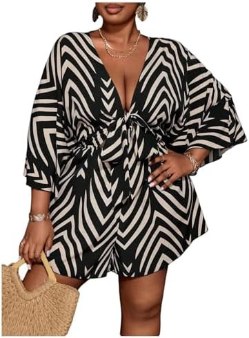 SOLY HUX Women's Plus Size Romper Striped V Neck Tie Front 3/4 Sleeve Loose Short Jumpsuit | Amazon (US)