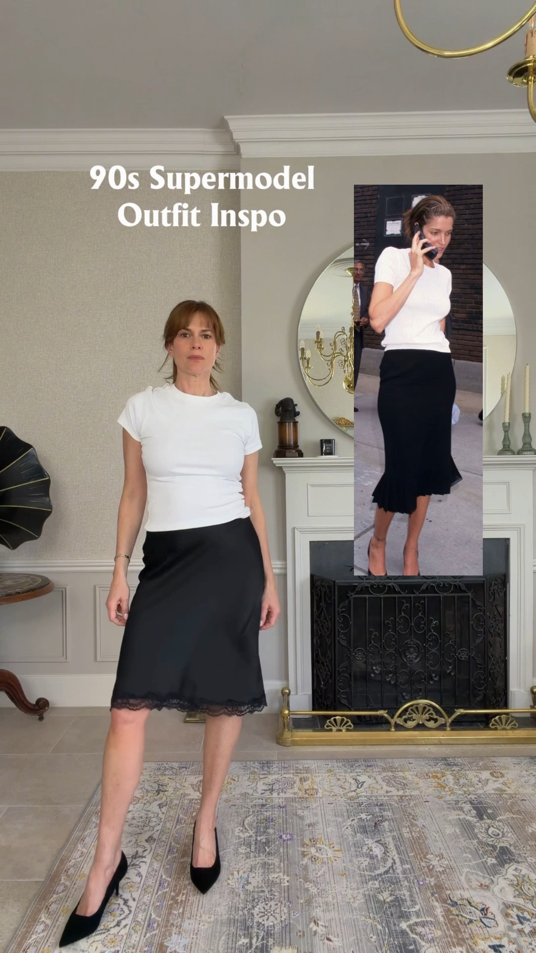 90s supermodel outfit inspo
Satin midi skirt 
White t shirt
Black heels 

#LTKuk #LTKspring #LTKstyletip