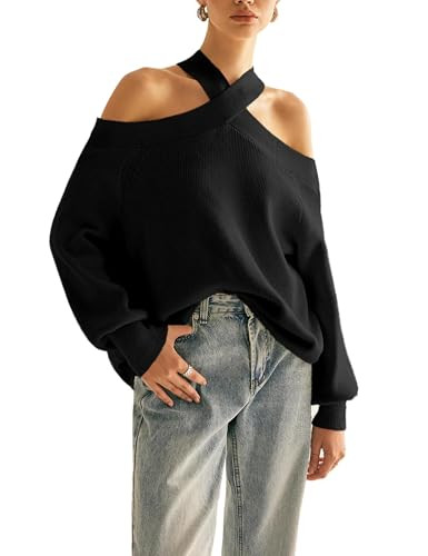 Women Halter Cross Over Collar Shoulder Sweater Loose Fit Solid Color Knit Tops | Amazon (US)