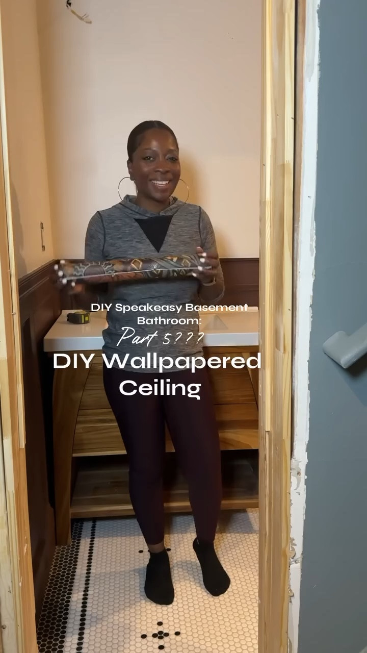 Part… whatever this is at this point and I finally decided on a ceiling wallpaper. Can you believe it came from Amazon? And it’s waterproof? And get this… under $20 per roll, unless you want the larger roll. Either way, its perfect and the fact that it ties in so well to the other basement colors has me knowing it was meant to be🙆🏾‍♀️

But in keeping it real, installing wallpaper over your head is a BEAST! But I love it. 

Up next toilet (its a fancy one) and vanity. 

Wallpaper linked in my LTK!