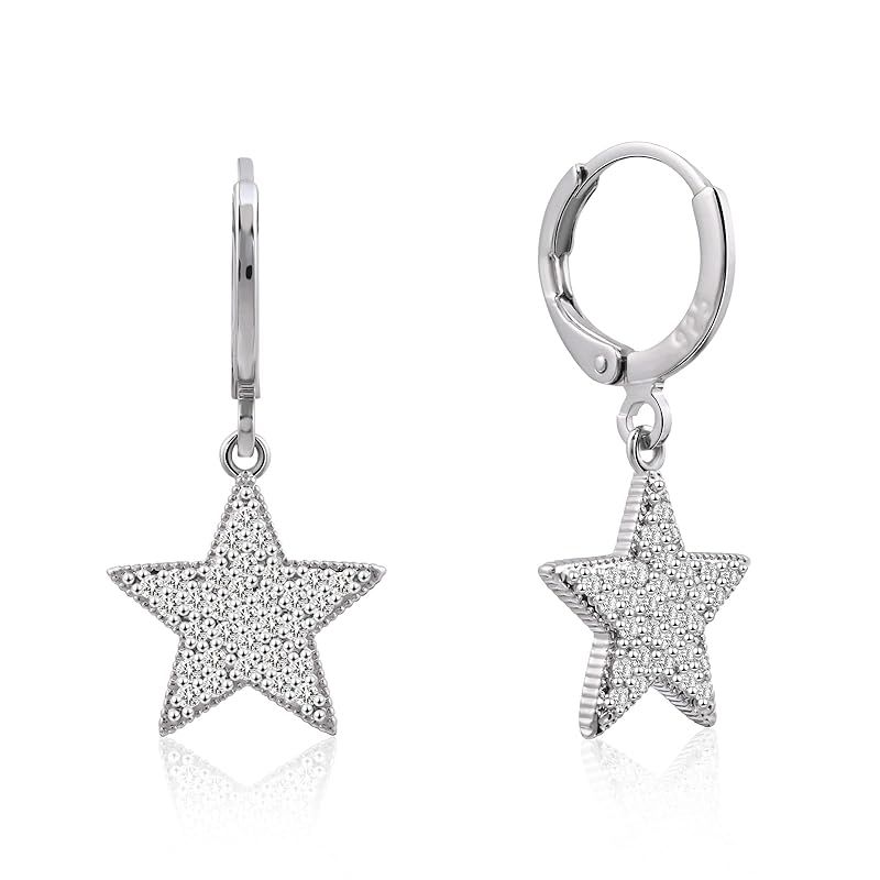 Silver Star Earrings Huggie Hoop Dangle Drop Earrings 925 Sterling Silver Earrings Star Rhineston... | Amazon (US)