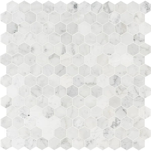 Carrara White Hexagon 11.75" x 12" Honed Marble Mesh-Mounted Mosaic Tile | Birch Lane