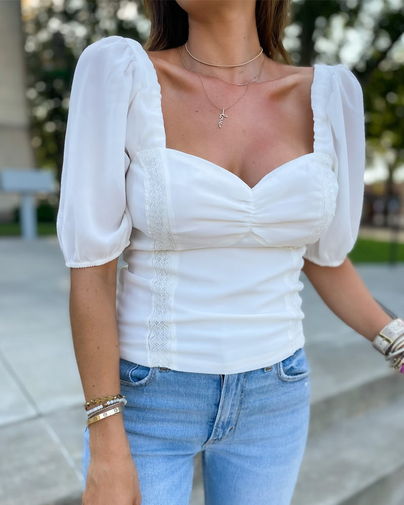 Lace Trim Puff Sleeve Sweetheart Top | Abercrombie & Fitch (US)