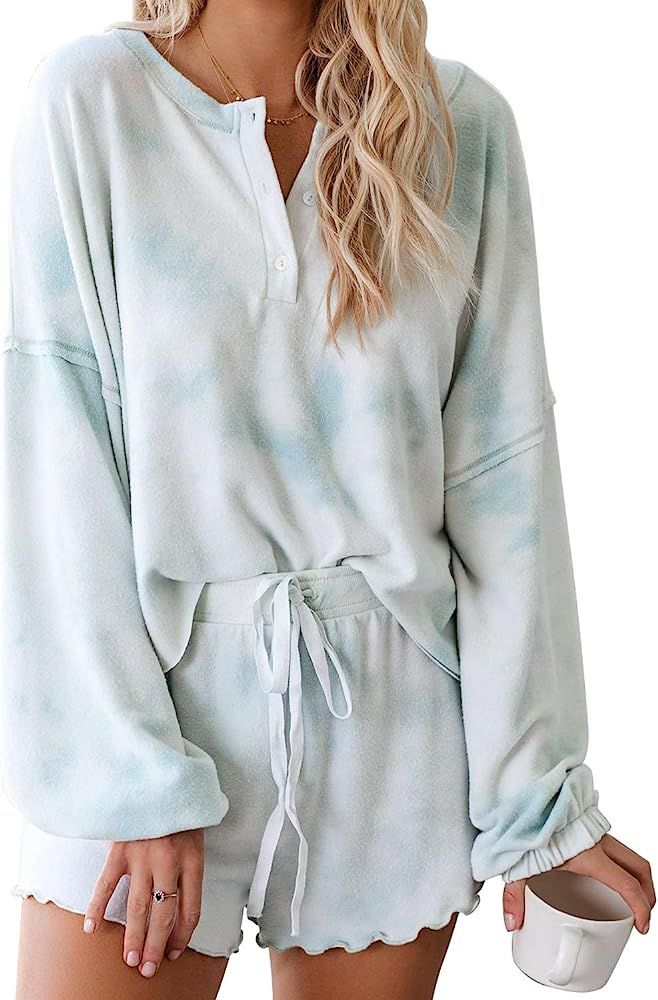 Women Pajamas Tie Dye Print Long Sleeve Shirt Elastic Drawstring Shorts Pant PJ Set Sleepwear Lou... | Amazon (US)