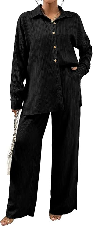 Women's 2025 2 Piece Textured Loungewear Set Button Down Shirt & Wide Leg Pants Going Out Casual ... | Amazon (US)