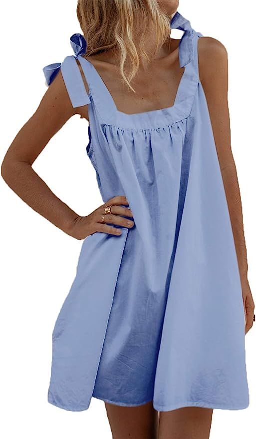 HZSONNE Women's Bow Tie Shoulder Dress Lightweight Candy Color Sleeveless A-line Beach Mini Sundr... | Amazon (US)