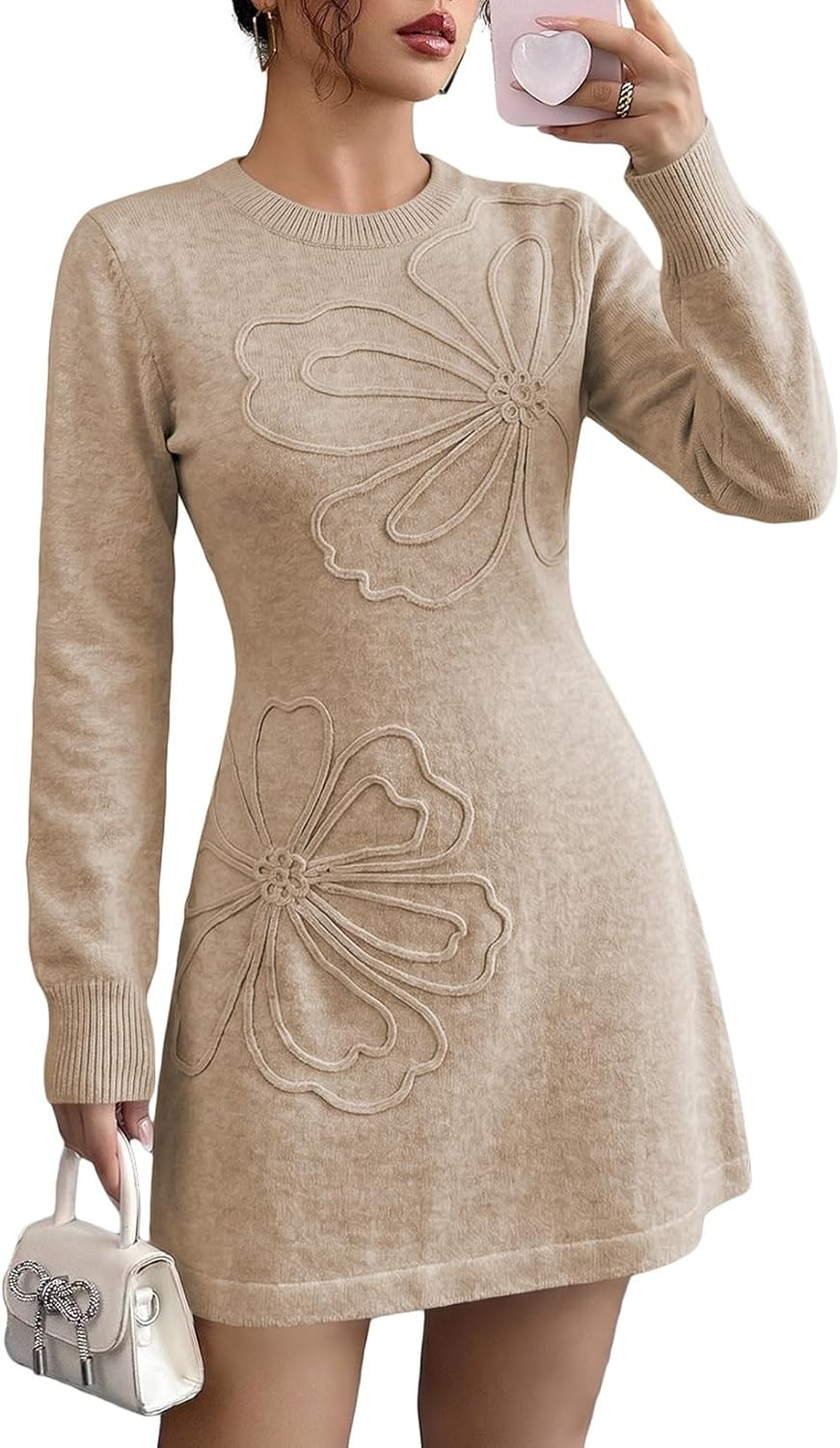 BLENCOT Women Sweater Dress Long Sleeve Floral Embroidered Mini Dresses | Amazon (US)
