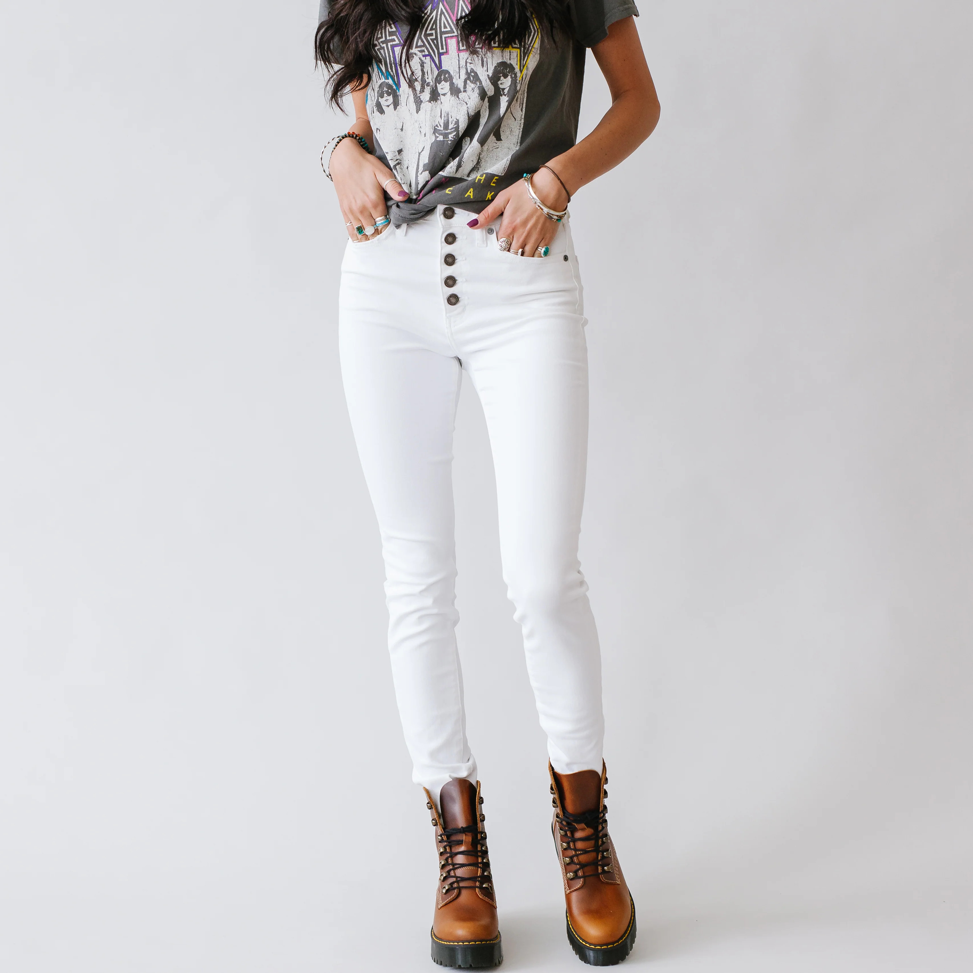 Roll It Out Kancan High Rise Button Fly Skinny in White | Hashtag DNA