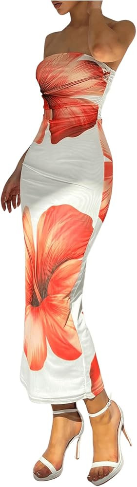Milumia Women's Floral Strapless Bodycon Maxi Dress Summer Tube Top Dresses | Amazon (US)