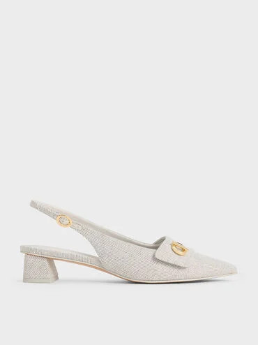 Tweed Metallic-Accent Pointed-Toe Slingback Pumps
 - Light Grey | Charles & Keith US