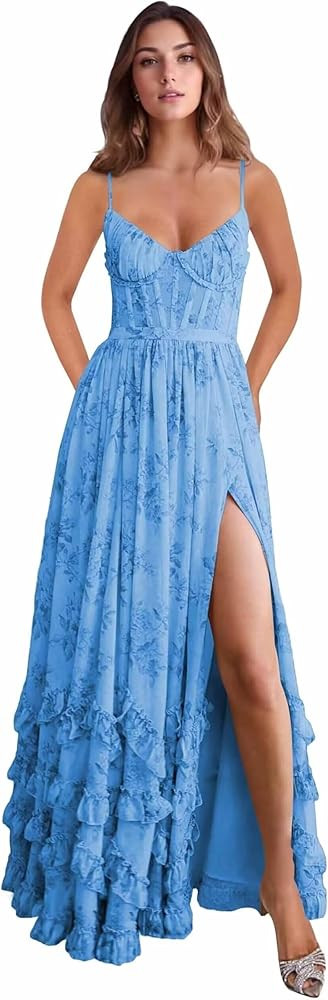 Chiffon Floral Bridesmaid Dresses with Slit for Women Spaghetti Straps Tiered Pleated Prom Formal... | Amazon (US)