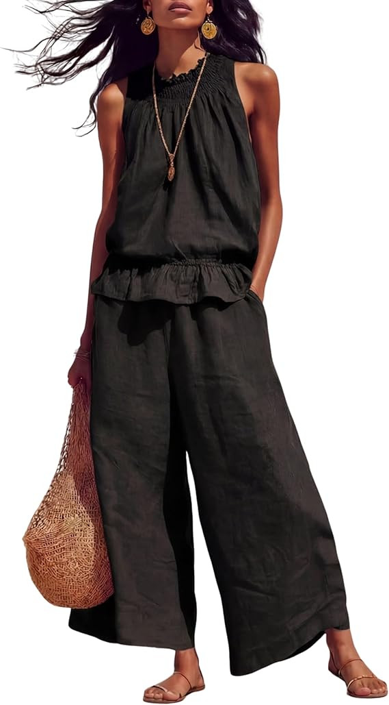 Tanming Women's Linen 2 Piece Outfits Sleeveless Ruffle Top Wide Leg Pants Summer Loungewear Beac... | Amazon (US)