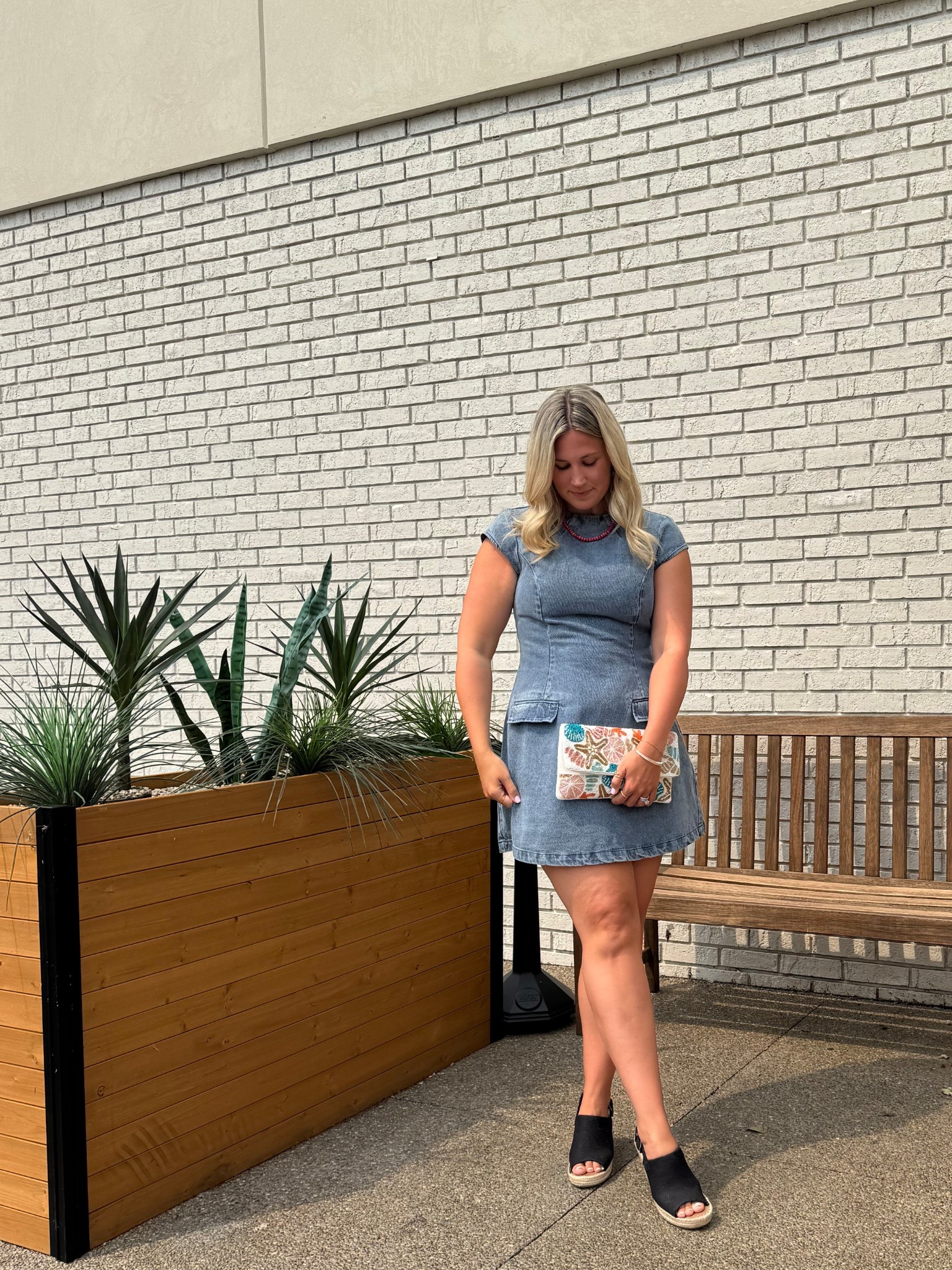 Denim dress, sequin purse, classy look! 
Wedges are TOMS, I wasn’t able to link them. 

#LTKParties #LTKStyleTip